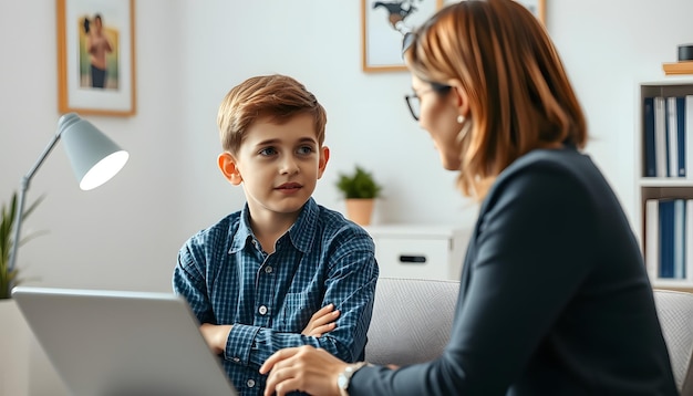 Photo young boy talking with counselor at home young female school psychologist having serious