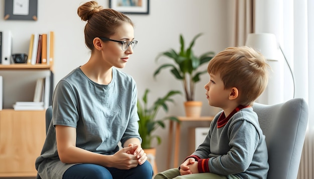 Young Boy Talking With Counselor At Home Young female school psychologist having serious