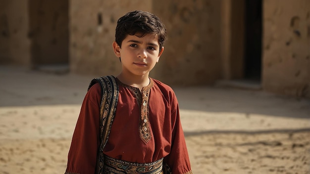 A young boy in tradition middleeastern clothing is standing in a courtyard