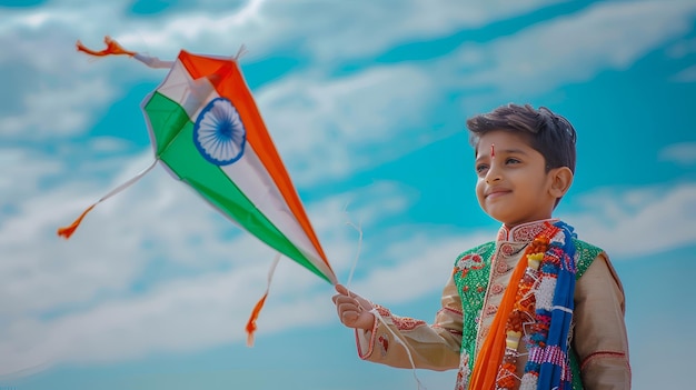 Photo young boy in traditional indian attire holding a kite