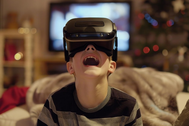 young boy virtual reality at home happy mockup screen