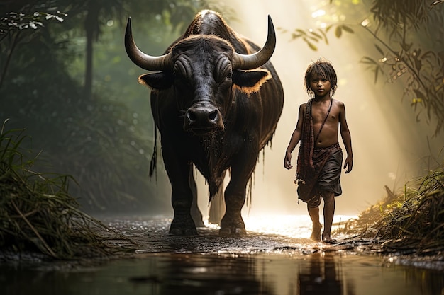 a young boy walks with a bull in the forest