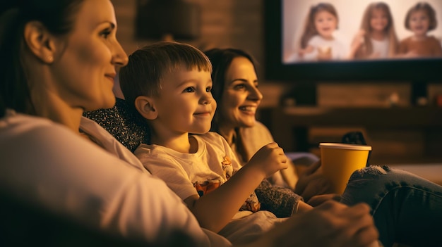 Photo a young boy watches tv with his mom and another woman