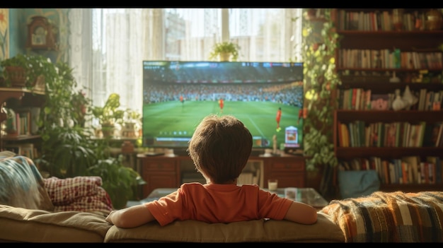 Young Boy Watching TV on Couch in Living Room