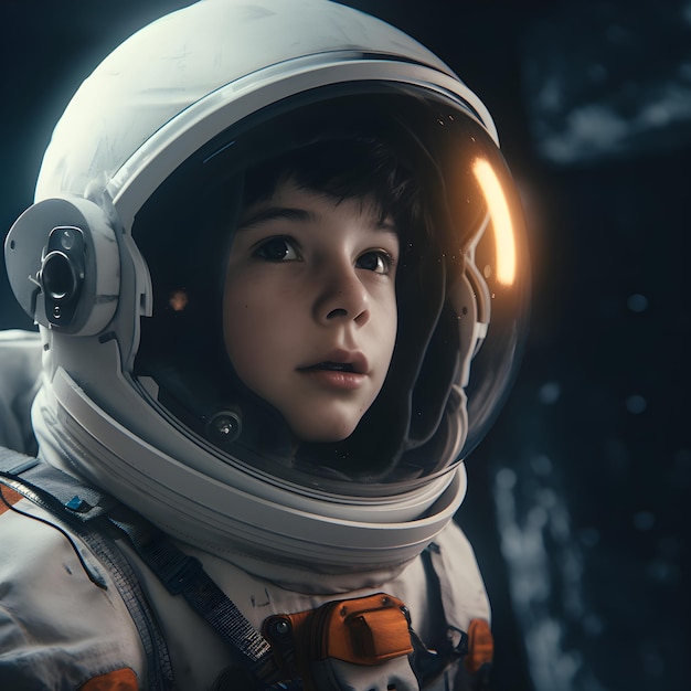 A young boy wearing an astronaut helmet and looking up