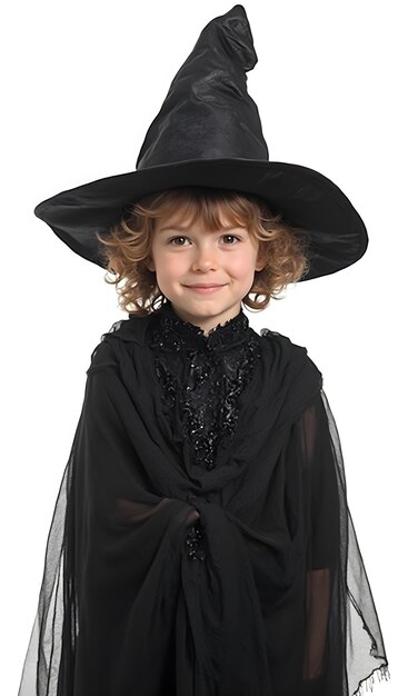 a young boy wearing a black hat and a black cape