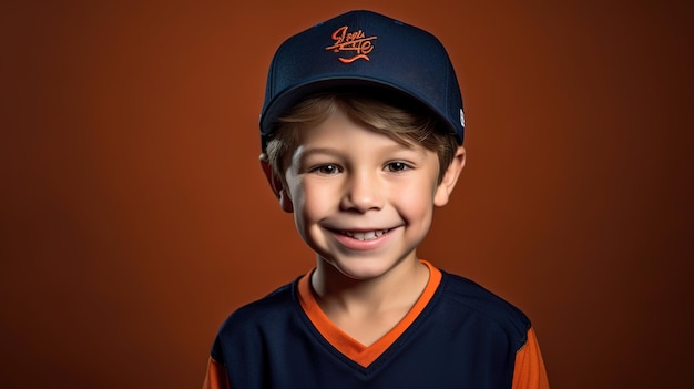 A young boy wearing a blue baseball cap with the word love on it.