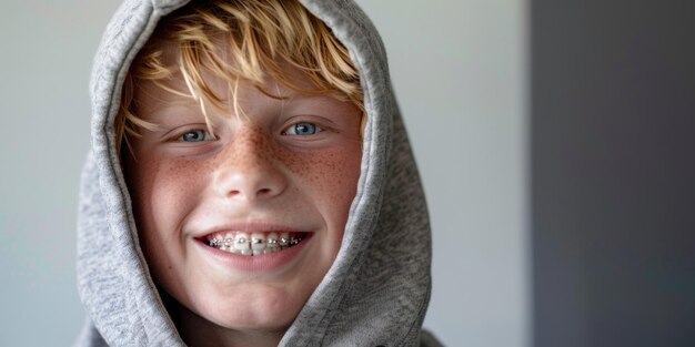 A young boy wearing braces and a hoodie captured in a casual pose