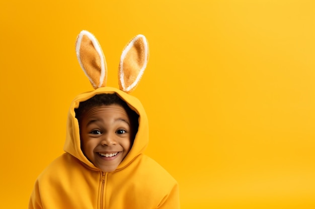 a young boy wearing a bunny ears hoodie