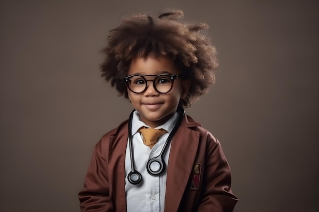 A young boy wearing a doctor coat and glasses stands in a studio.