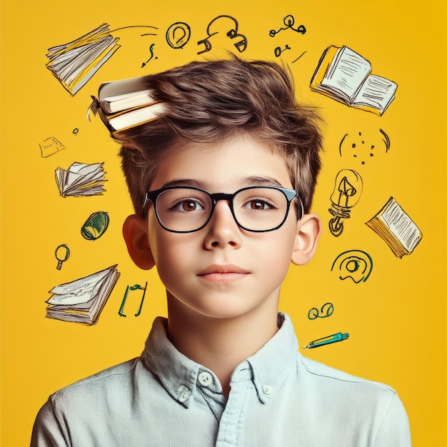 Photo young boy wearing glasses with a book on his head and surrounded by drawings of school supplies