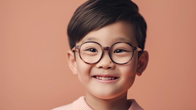 A young boy wearing glasses with a pink background