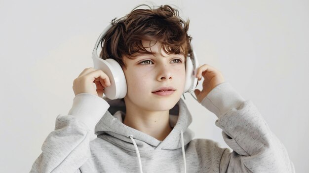 Photo a young boy wearing a gray hoodie with white headphones on his ears