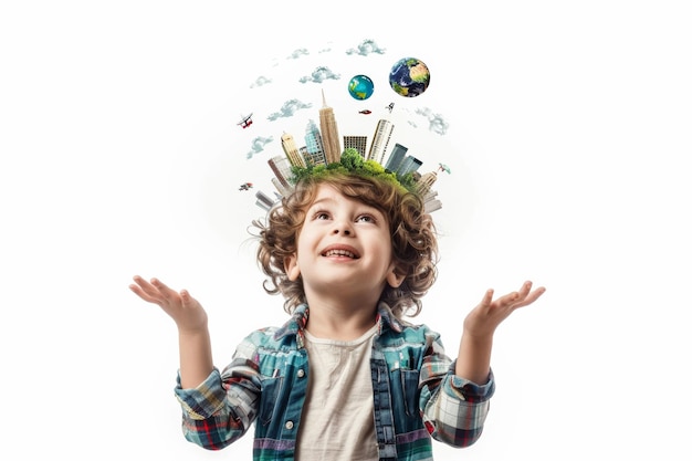 Young Boy Wearing Green Hat With Buildings on Head