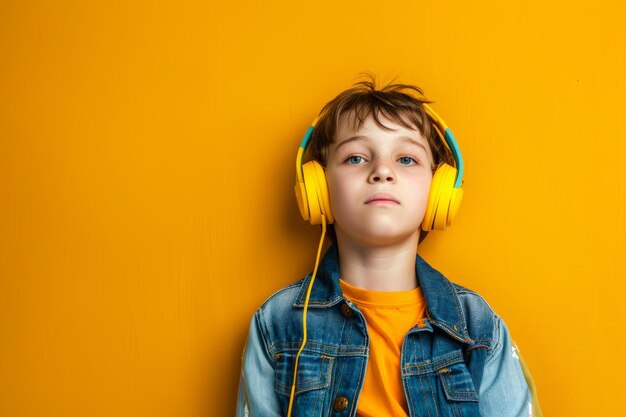 Photo young boy wearing headphones listening to music on yellow background