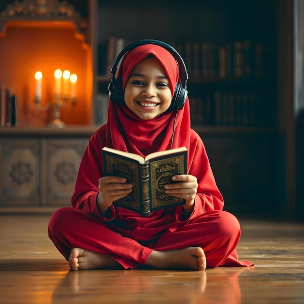 a young boy wearing headphones and reading a book