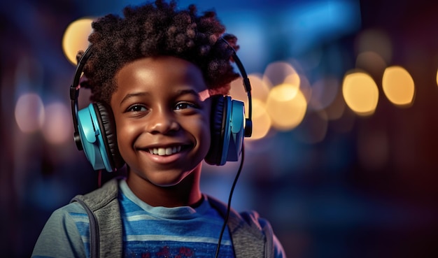 A young boy wearing headphones and smiling generative ai image