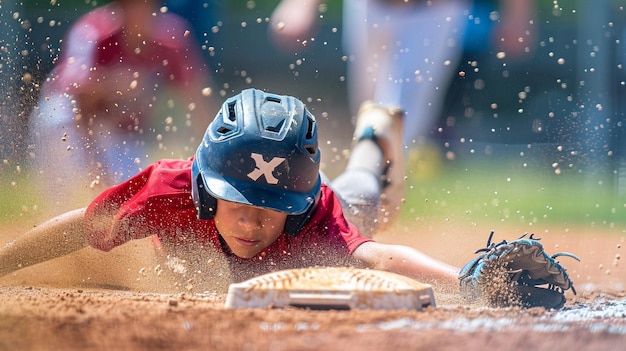 Photo a young boy wearing a helmet and a red shirt is sliding into a baseball field