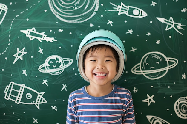 Young boy wearing helmet stands by blackboard with space drawings