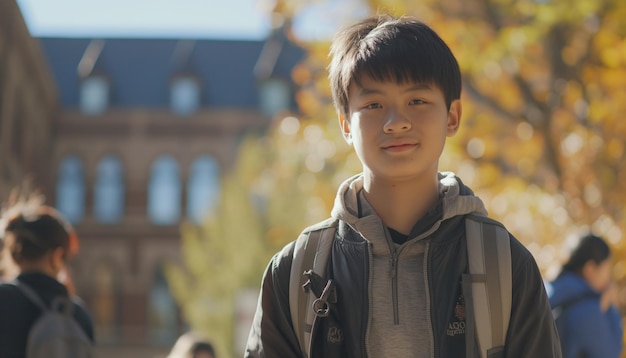 Photo a young boy wearing a jacket with the word on it