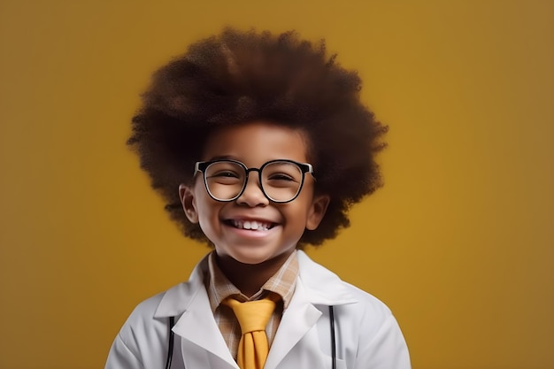 A young boy wearing a lab coat and glasses smiles for a photo.