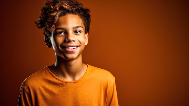 A young boy wearing an orange shirt smiles for the camera.