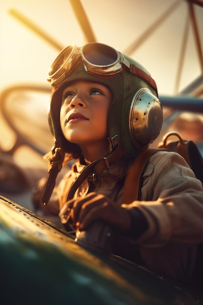 A young boy wearing a pilot's helmet and goggles Generative AI image