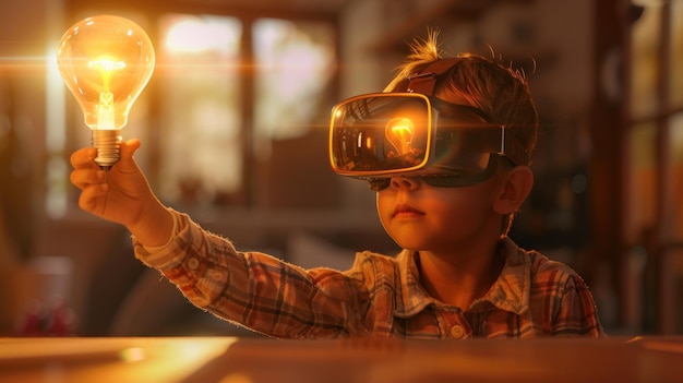 Young Boy Wearing VR Headset Holds Light Bulb symbolizing new ideas and innovation