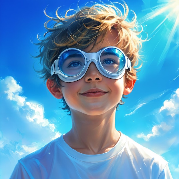 A young boy wearing white goggles and a white shirt set against a blue sky with clouds