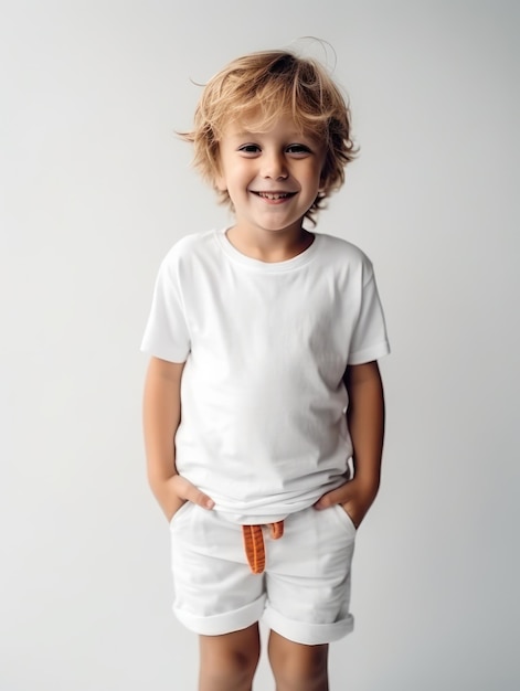 A young boy wearing a white shirt that says'i'm a boy '