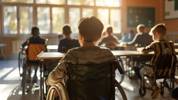 Photo young boy in wheelchair facing the classroom during a lesson inclusion and education for disabled students