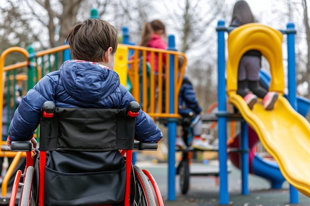 young boy in a wheelchair is smiling on playground