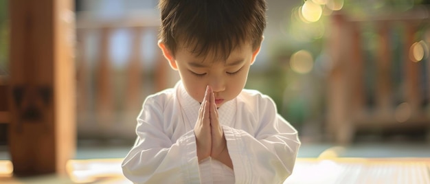 Young boy in a white gi practices martial arts embodying discipline and concentration