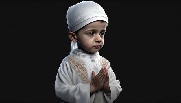 A young boy in a white robe prays in a dark room.