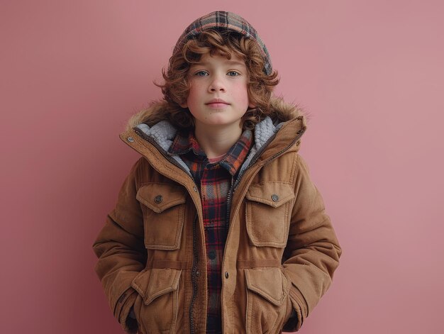 Photo young boy in a winter jacket and plaid shirt standing against a pink background