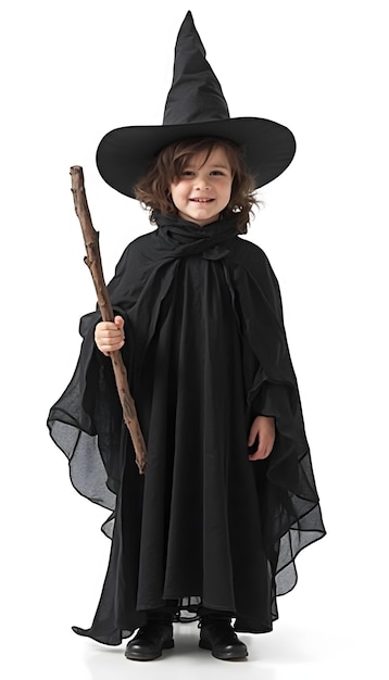 Photo a young boy in a witch hat holds a stick with a stick