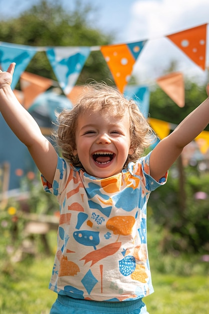 Young boy with arms raised laughing in a garden with colorful bunting enjoying a birthday party