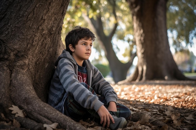 A young boy with autism sitting under a tree