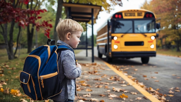 Photo a young boy with a backpack stands in front of a school bus