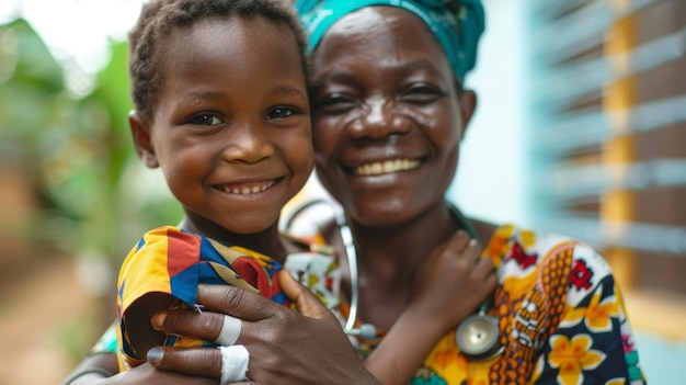 A young boy with a bandaged hand smiles as he receives a gentle hug from his caregiver a woman with