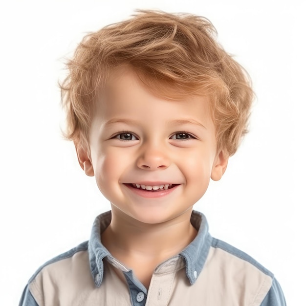 A young boy with blonde hair and blue eyes smiles at the camera.