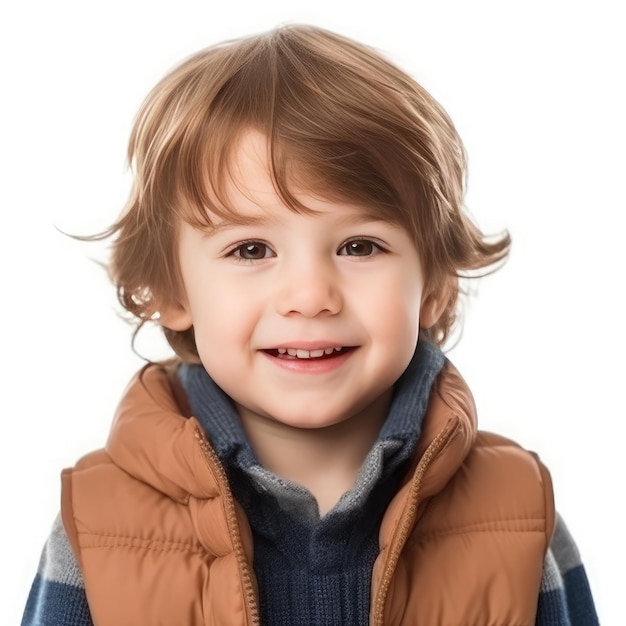 A young boy with blonde hair and a vest that says " the word " on it.