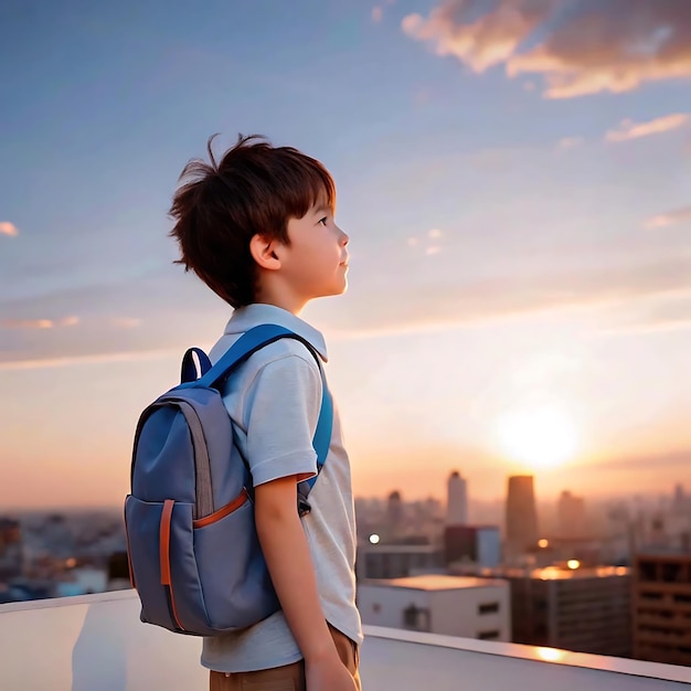 A young boy with a blue backpack stands on a rooftop looking up at the sky with a hopeful expression