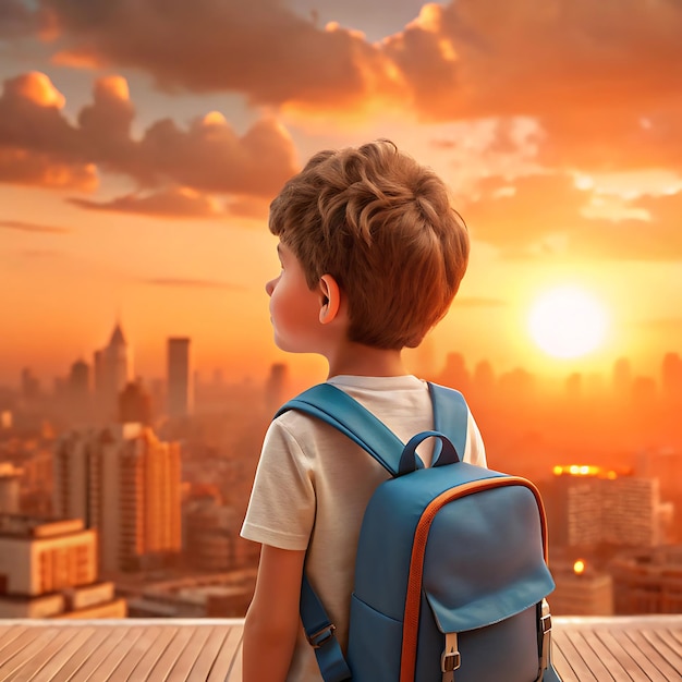 A young boy with a blue backpack stands on a rooftop looking up at the sky with a hopeful expression