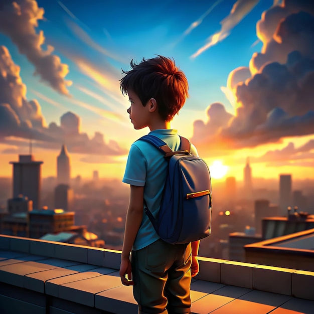 A young boy with a blue backpack stands on a rooftop looking up at the sky with a hopeful expression