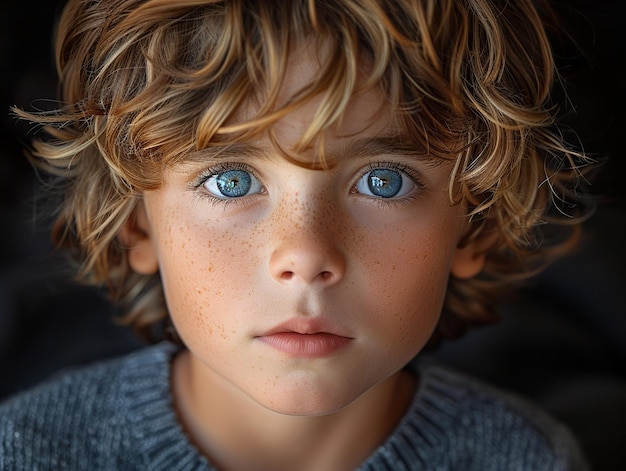 a young boy with blue eyes and a blue eyes