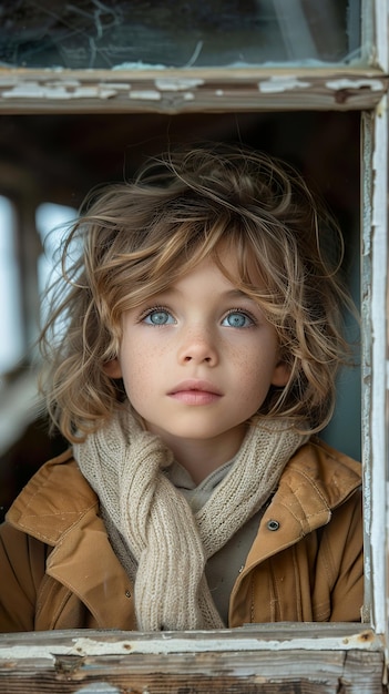 a young boy with blue eyes and a scarf that says  the word  on it