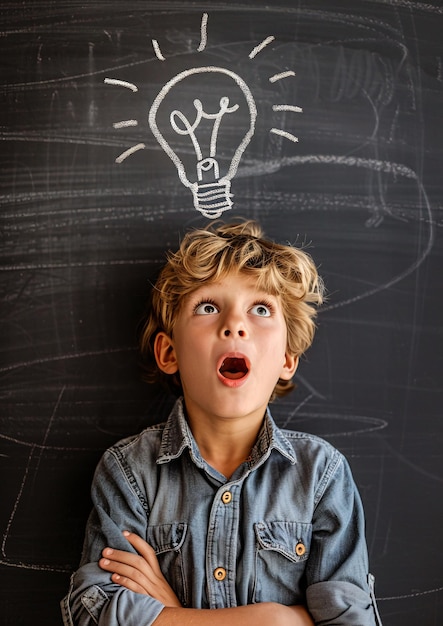 Photo young boy with bright idea poses in front of chalkboard with light bulb drawing