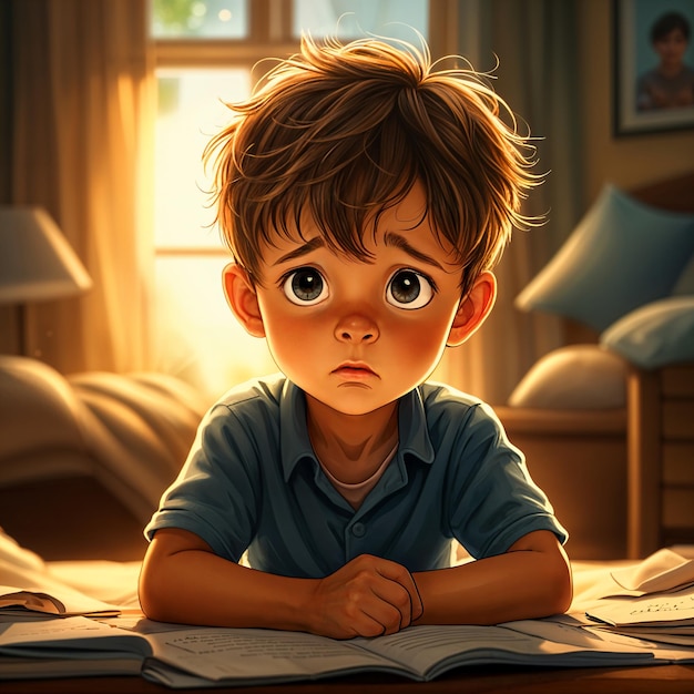 Young boy with brown hair sitting at a desk with book and looking with a thoughtful expression He is wearing a blue shirt