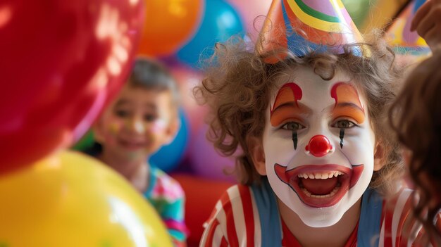 A young boy with clown makeup on his face smiles happily at the camera while wearing a colorful party hat and surrounded by balloons